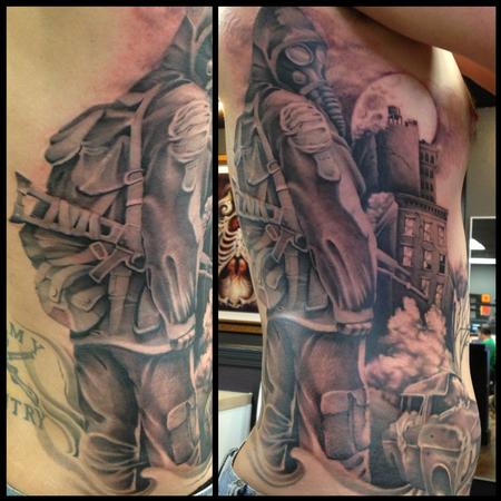 Tim Mcevoy - black and grey realistic guy with gas mask and ciry, Tim McEvoy Art Junkies Tattoo